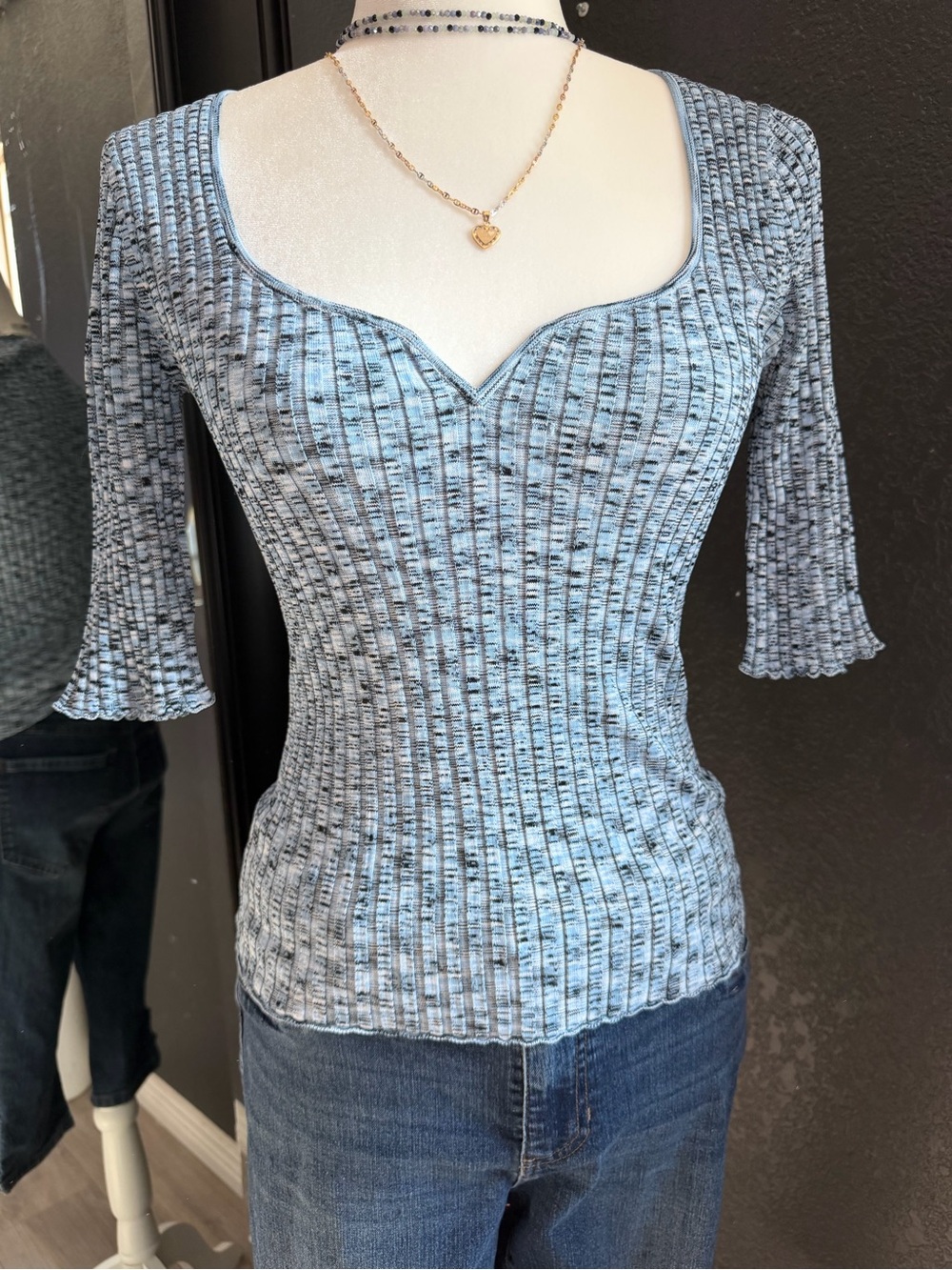Veronica Beard Light Blue Ribbed Sweetheart Neck Women's Top